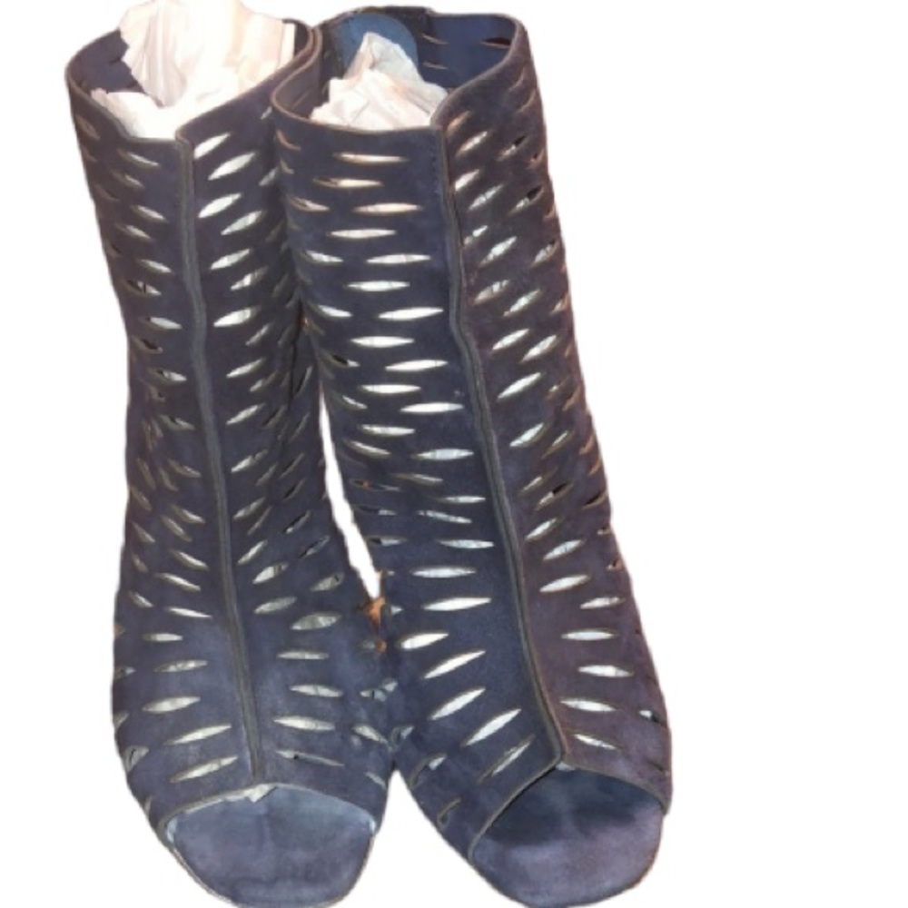 Diane Furstenberg DVF size 10 navy blue suede open toe cage heels back zip